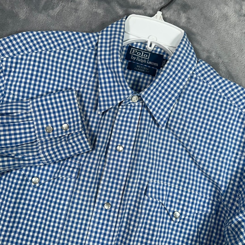 Polo Ralph Lauren Western Pearl Snap Button Shirt Mens Medium Blue Check Classic